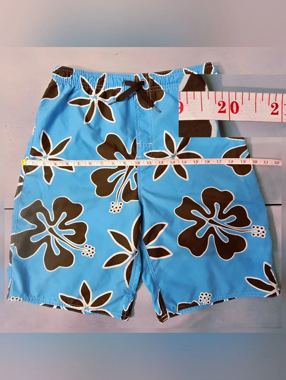 Vtg Y2K Hawaiian Hibiscus Board Shorts Swim Trunks Sky Blue Brown Youth Large